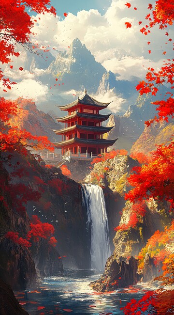 红枫山景亭台云3