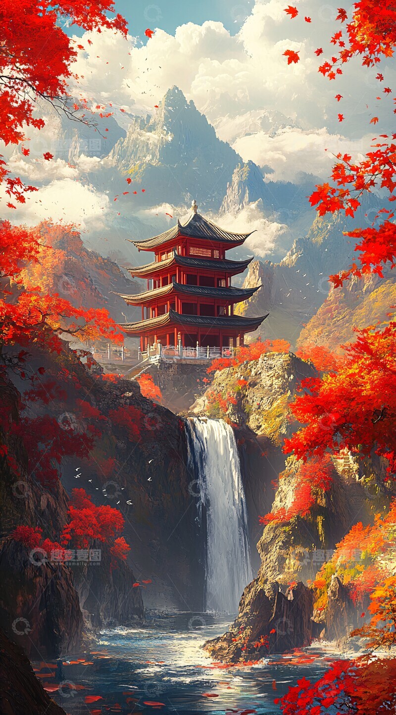 高清大图下载【趣麦麦图】红枫山景亭台云3