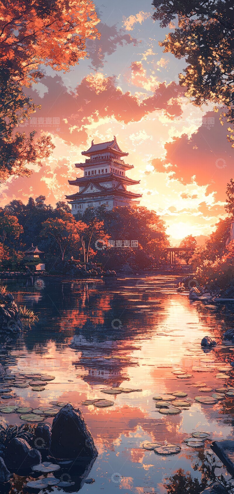 高清大图下载【趣麦麦图】禅园古堡夕照图1