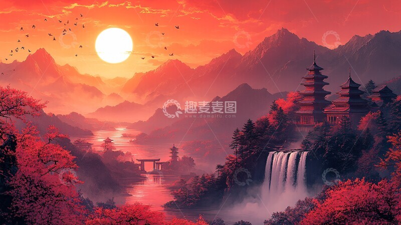 高清大图下载【趣麦麦图】樱花瀑布图樱花瀑布天空