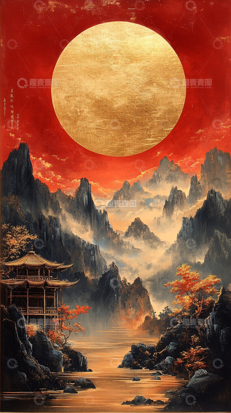 高清大图下载【趣麦麦图】金线云月山水图