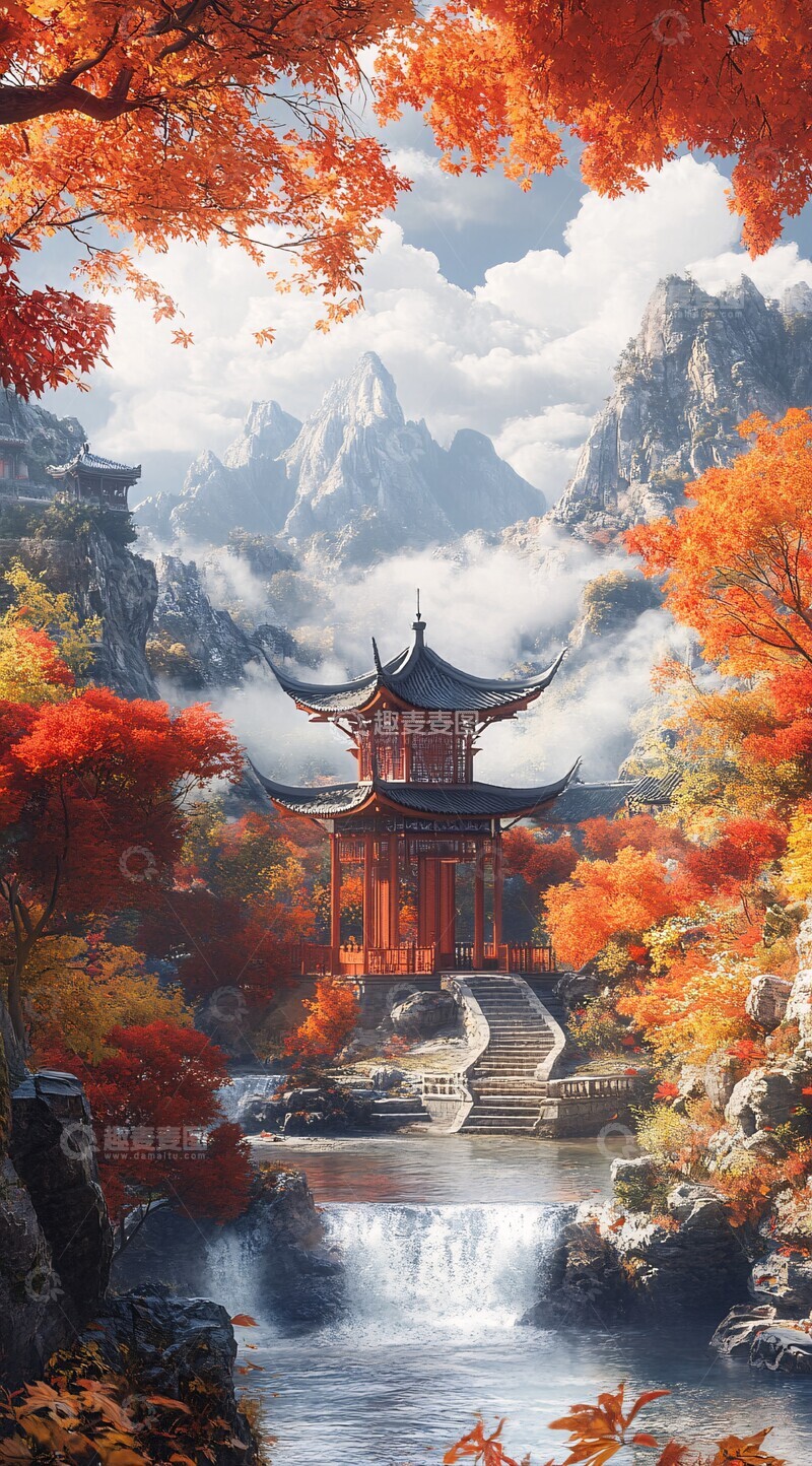 高清大图下载【趣麦麦图】红枫山景亭台云2