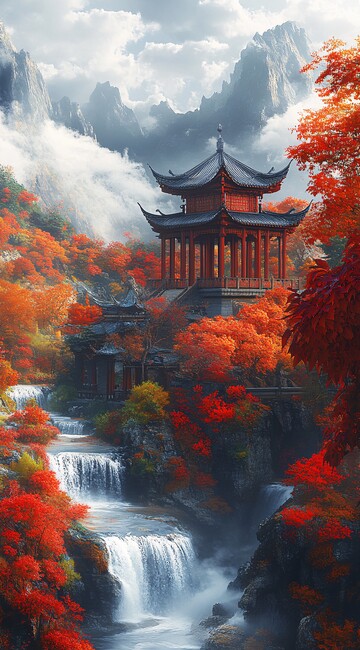 红枫山景亭台云1