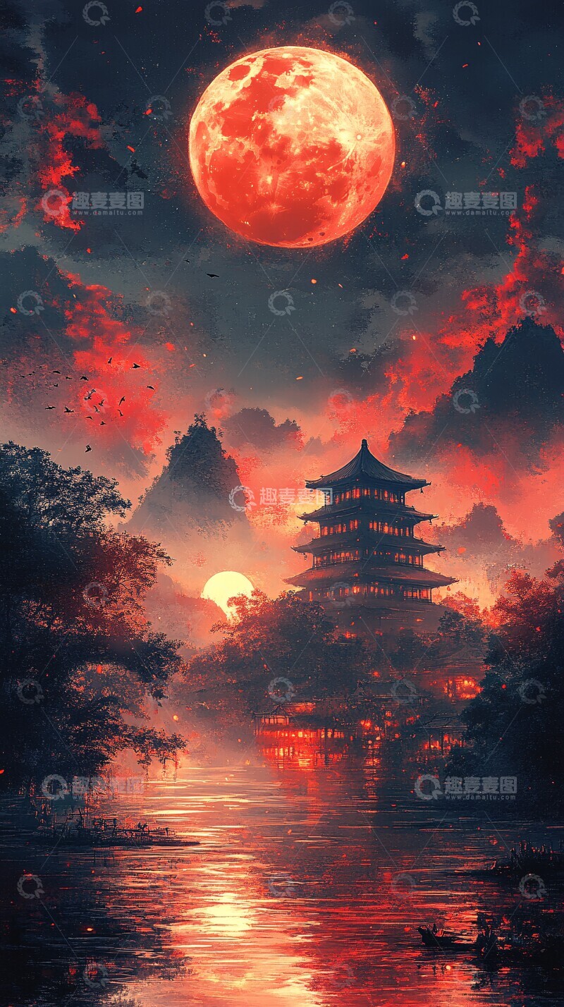 高清大图下载【趣麦麦图】中秋月色映山川1