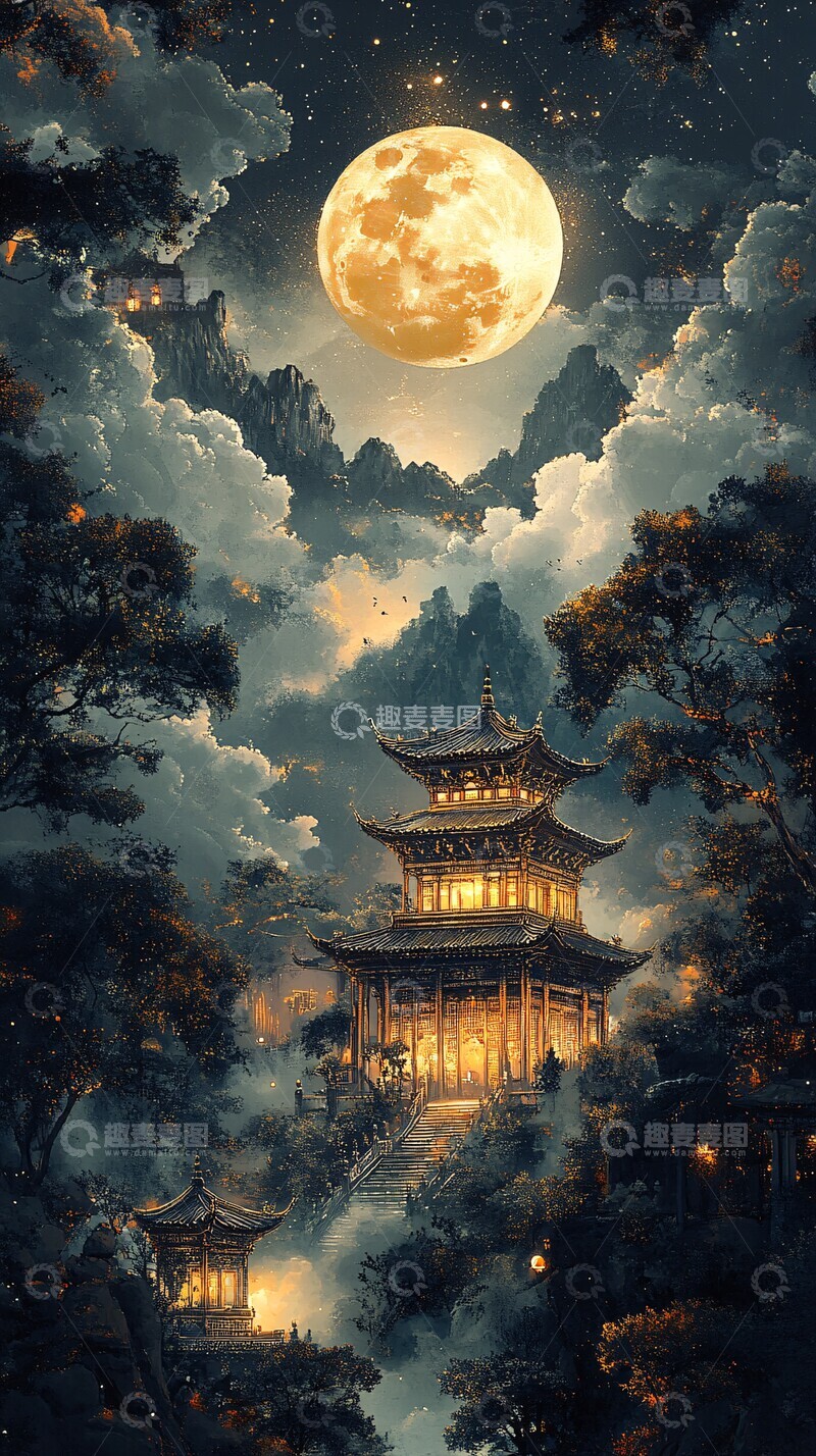 高清大图下载【趣麦麦图】金线云月山水图2