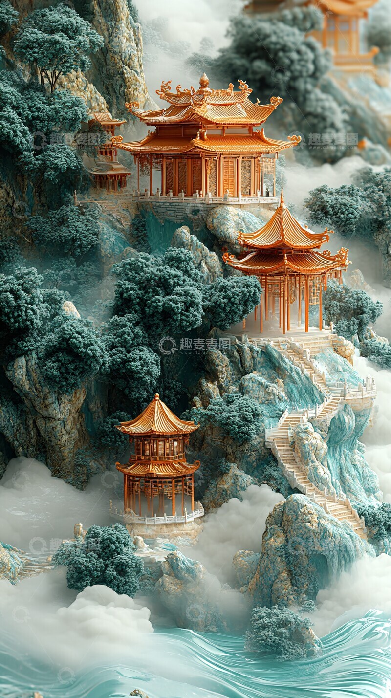 高清大图下载【趣麦麦图】浮空卷轴与古寺