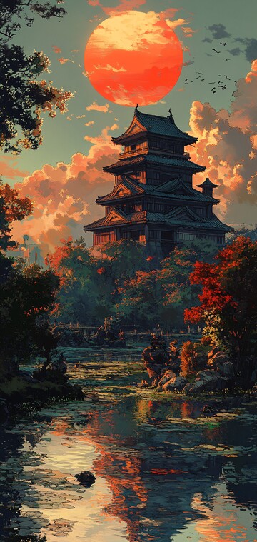 禅园古堡夕照图