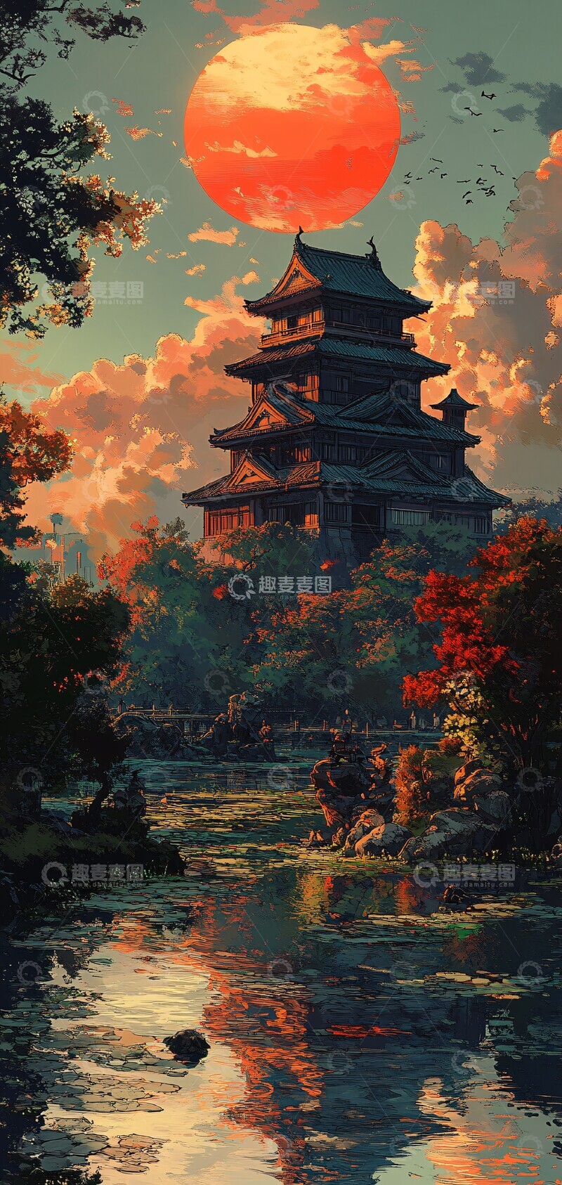 高清大图下载【趣麦麦图】禅园古堡夕照图