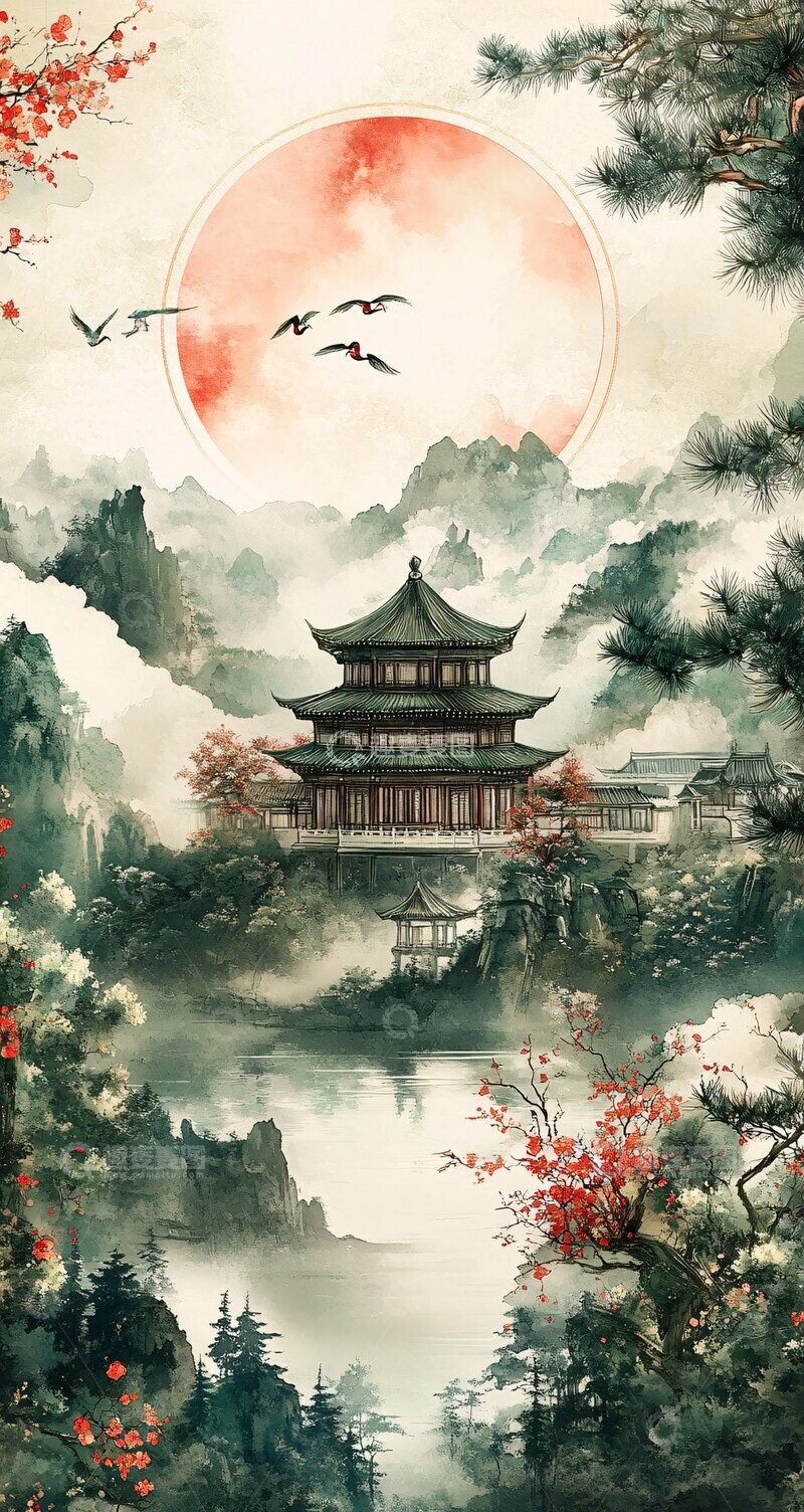 高清大图下载【趣麦麦图】红冠鹤茶园云景