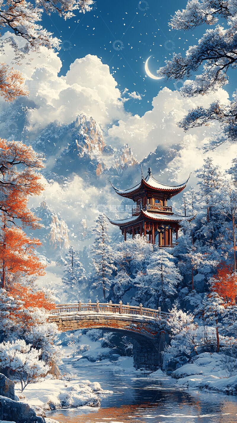 高清大图下载【趣麦麦图】雪景月下古亭桥
