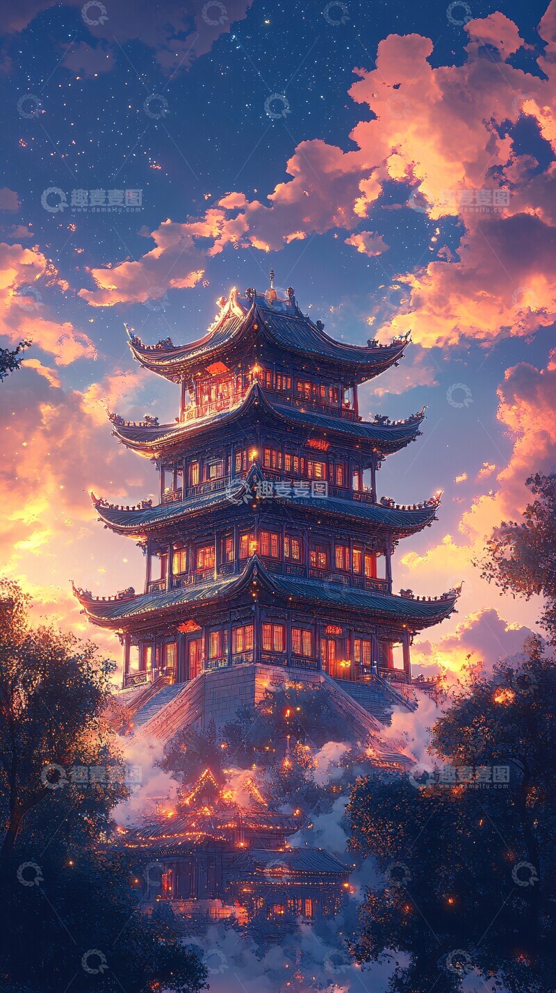 高清大图下载【趣麦麦图】古建星空夜古建星空夜空