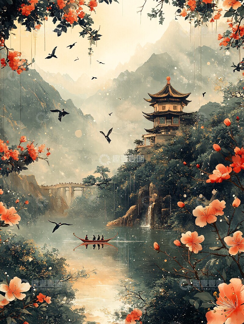 高清大图下载【趣麦麦图】龙舟竞渡山水图