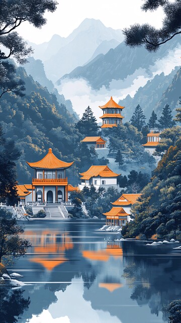 古建筑山水背景