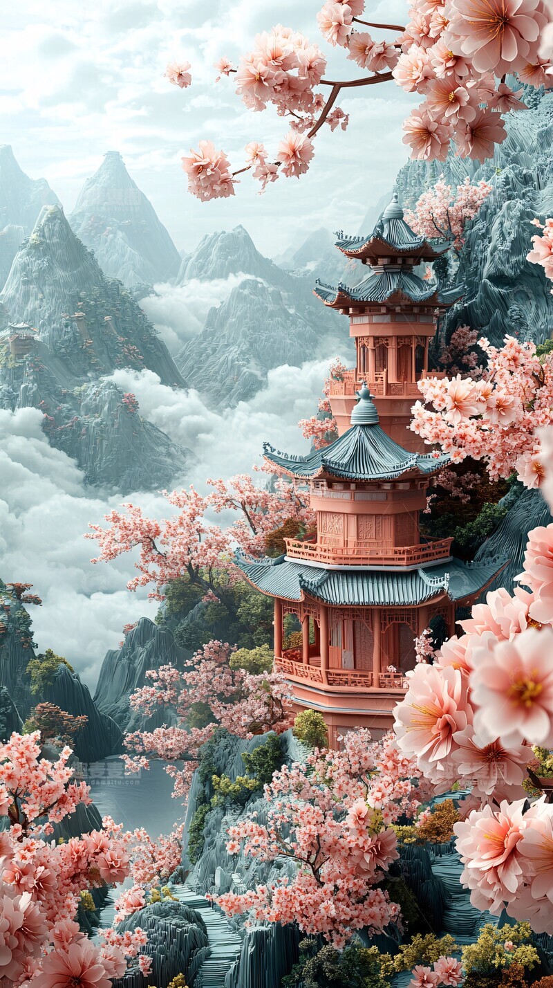 高清大图下载【趣麦麦图】云山樱树古建筑1