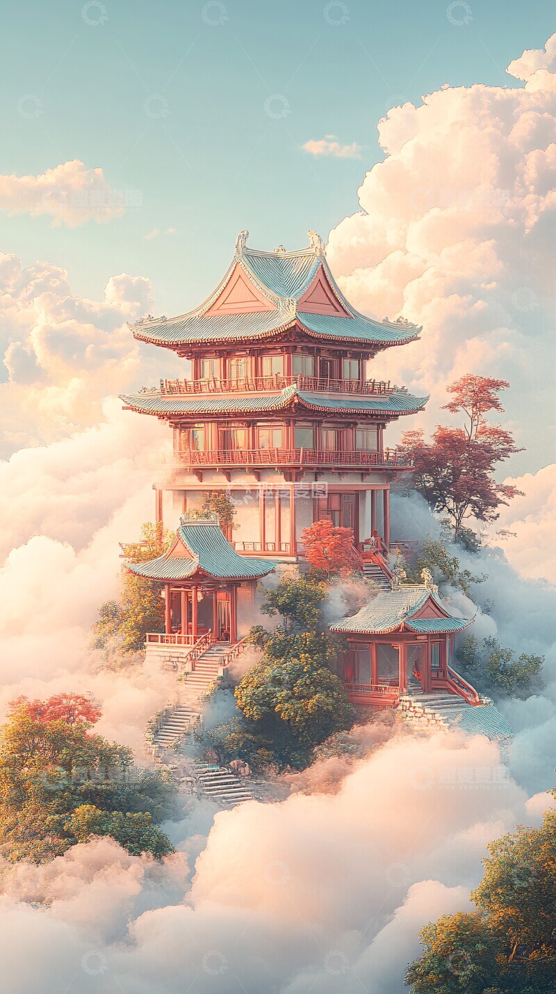 高清大图下载【趣麦麦图】云中楼阁楼阁天空建筑1