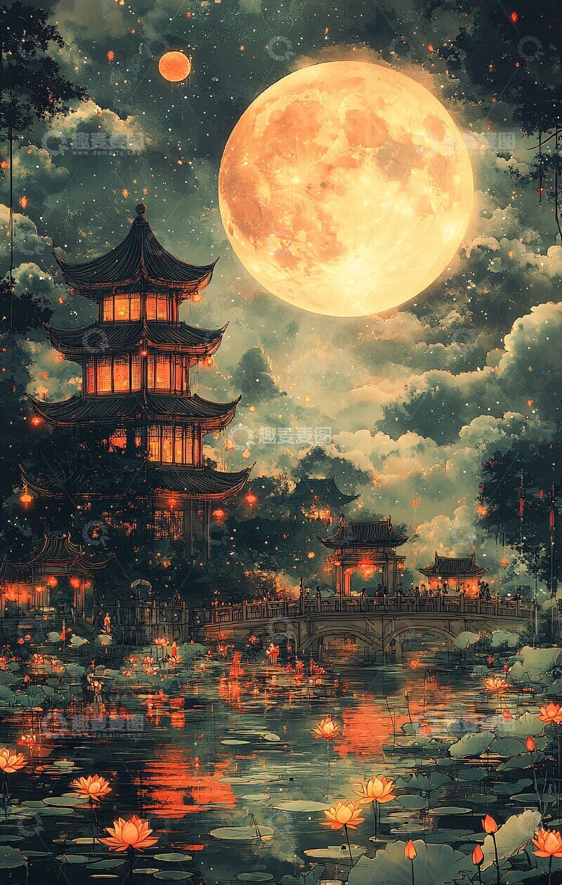 高清大图下载【趣麦麦图】中秋月夜儿童嬉戏