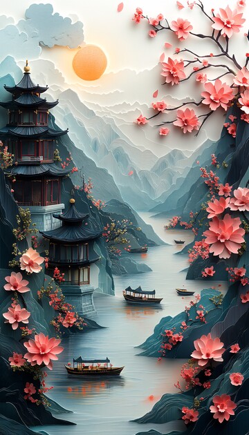 山水樱莲纸艺图2