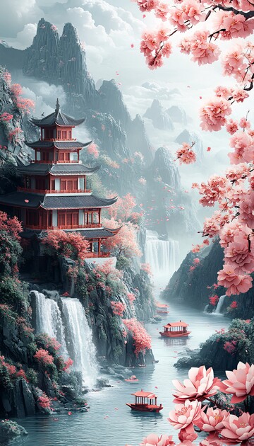 山水樱莲纸艺图