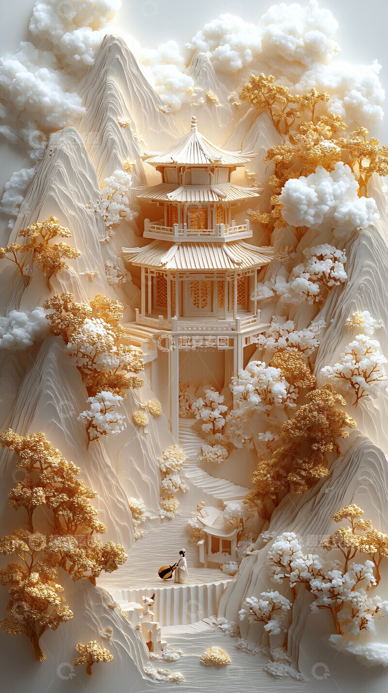 高清大图下载【趣麦麦图】山水亭阁纸雕艺术1