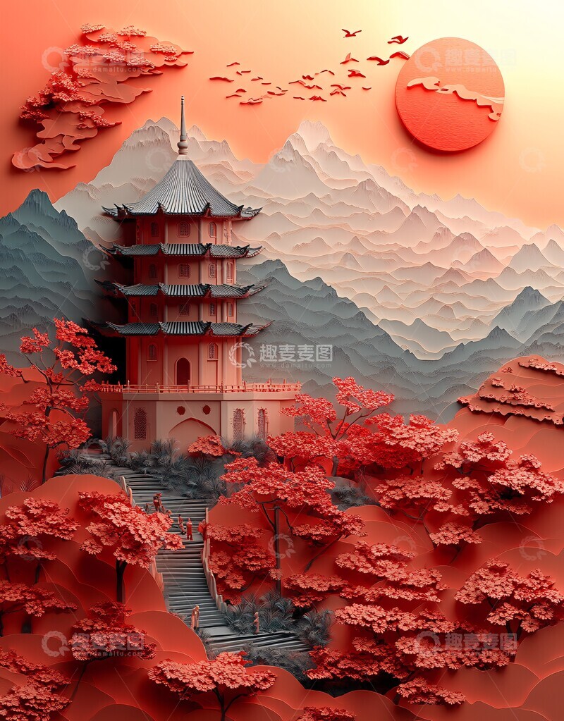 高清大图下载【趣麦麦图】中国剪纸建筑景