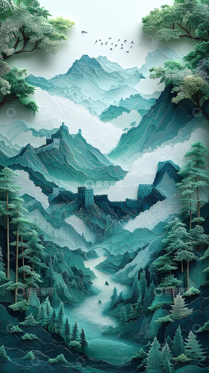 高清大图下载【趣麦麦图】长城熊猫竹云纸雕