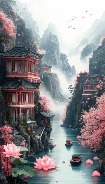 山水樱莲纸艺图3