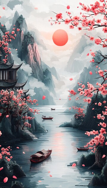 山水樱莲纸艺图1