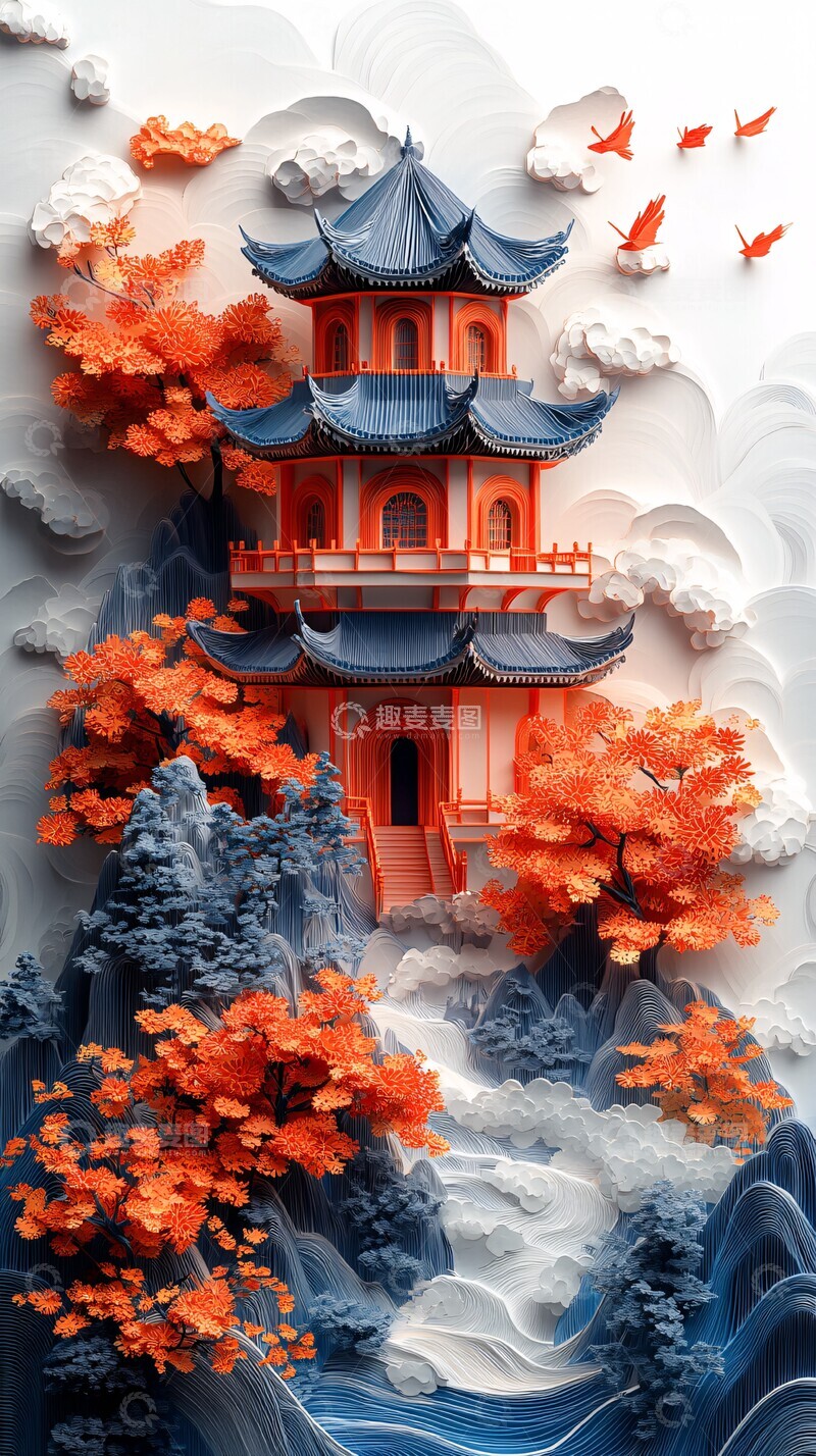 高清大图下载【趣麦麦图】夏日纸艺建筑水流3