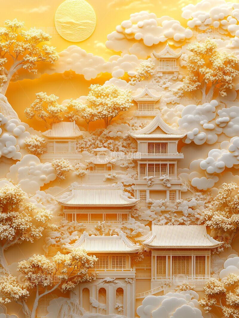 高清大图下载【趣麦麦图】古建筑群云中月2