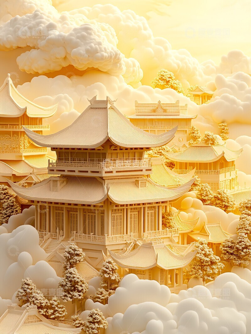 高清大图下载【趣麦麦图】古建筑群云中月