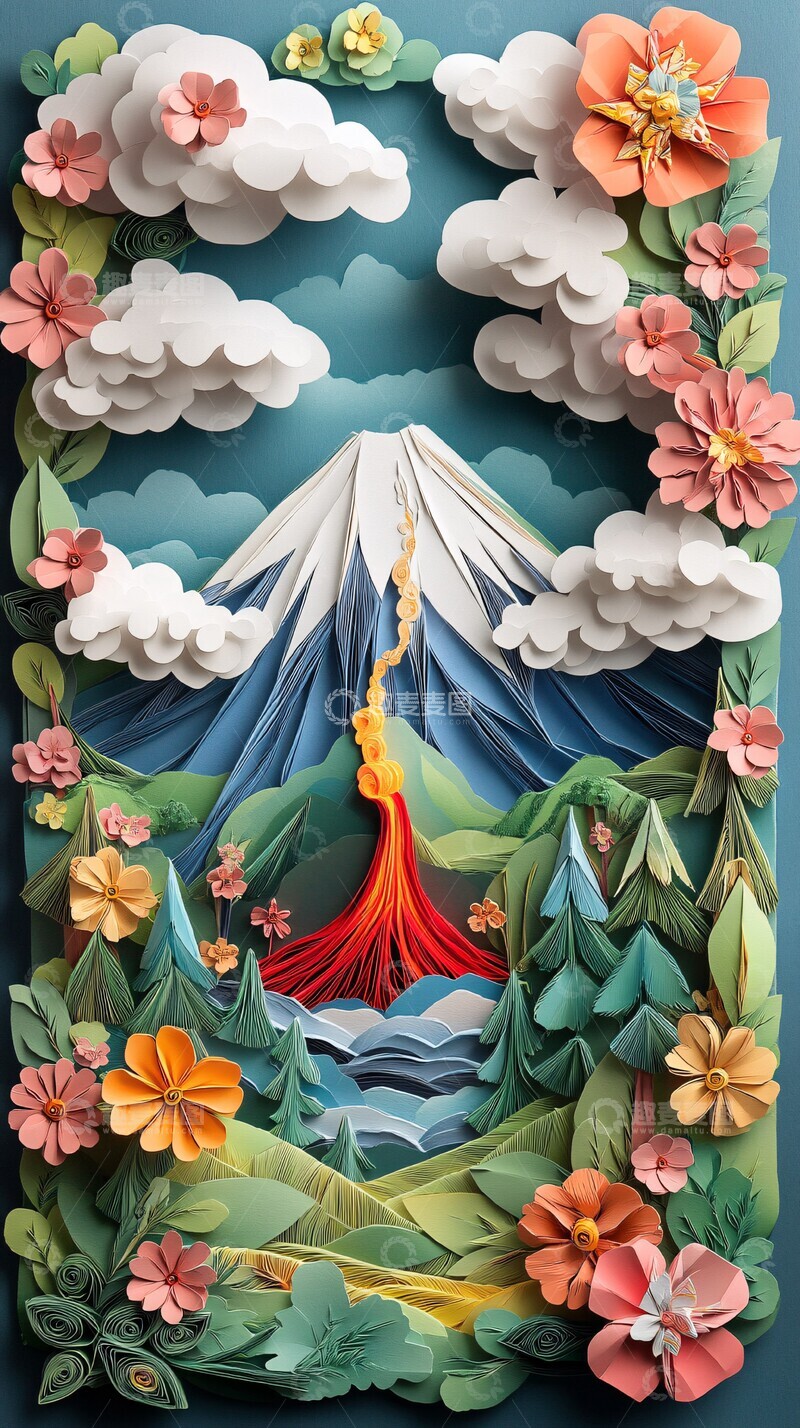 高清大图下载【趣麦麦图】纸艺森林火山海报