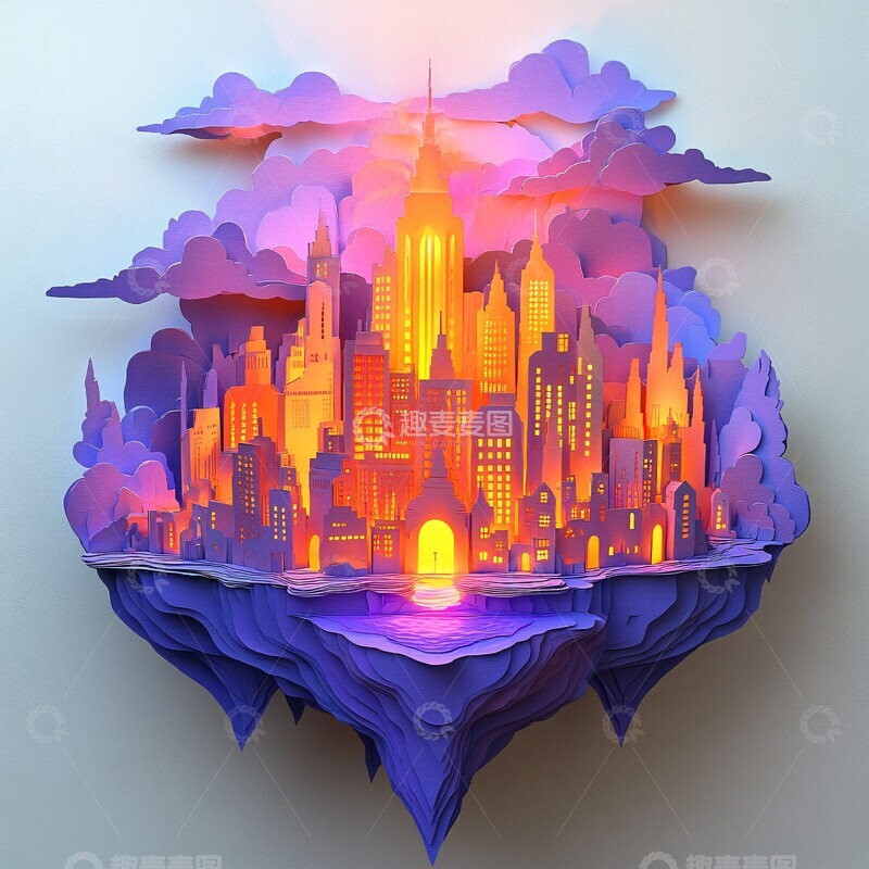 高清大图下载【趣麦麦图】纸艺浮岛建筑3