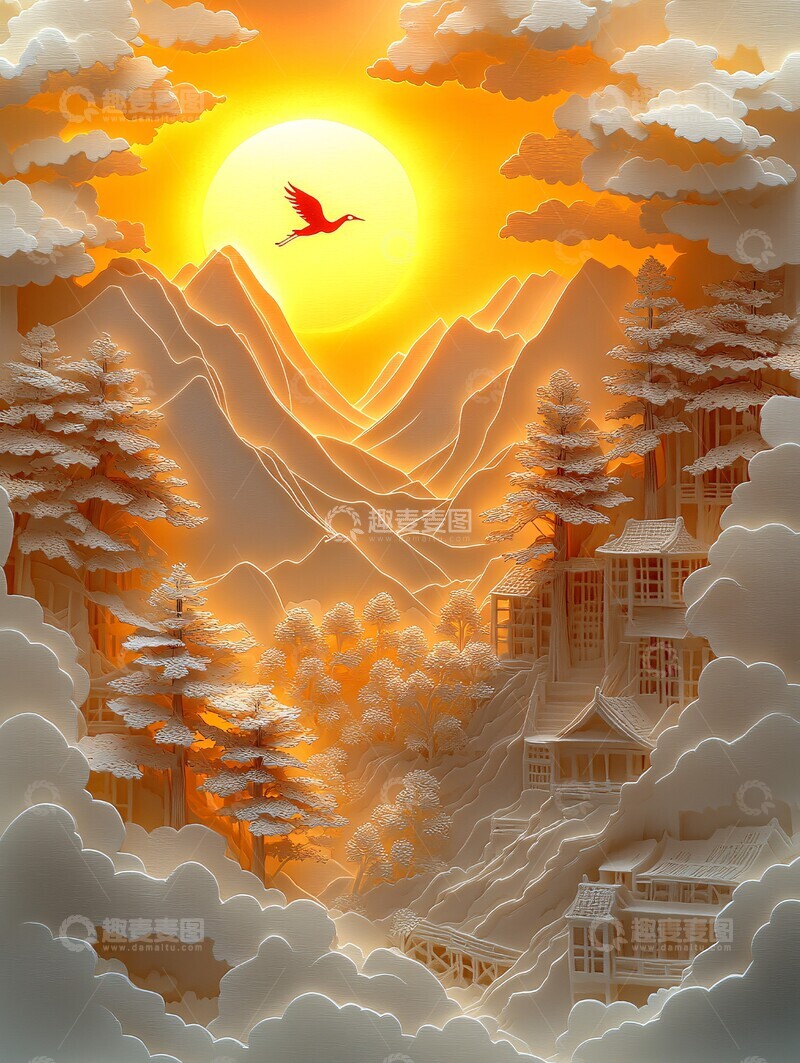 高清大图下载【趣麦麦图】冬日山间金阳光2