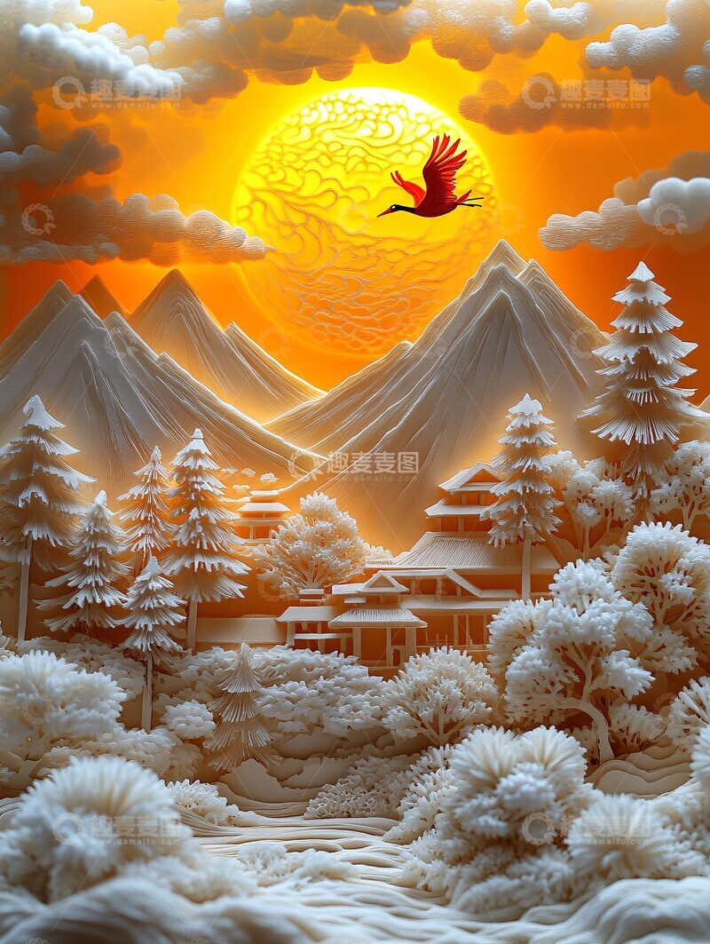 高清大图下载【趣麦麦图】冬日山间金阳光1