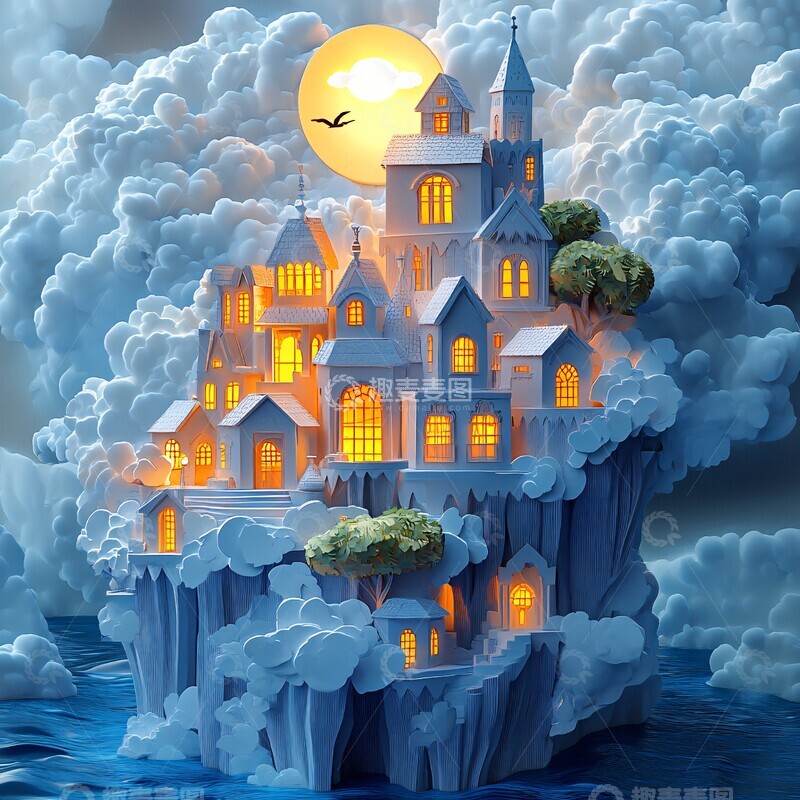 高清大图下载【趣麦麦图】纸艺浮岛建筑1