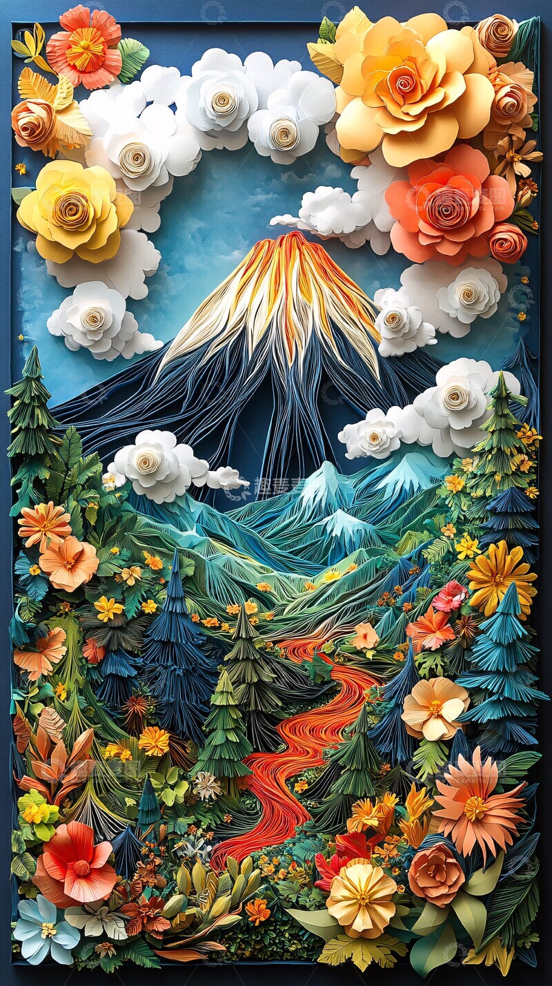 高清大图下载【趣麦麦图】纸艺森林火山海报1