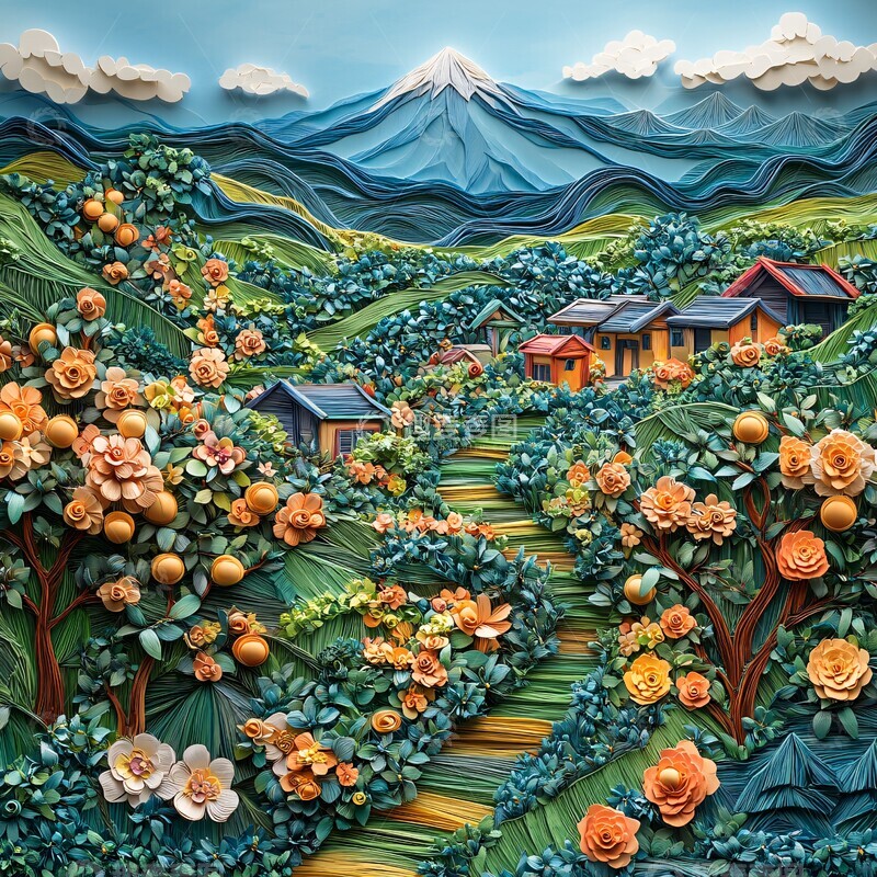 高清大图下载【趣麦麦图】-苹果园与山景剪纸1