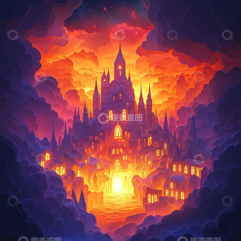 高清大图下载【趣麦麦图】纸艺浮岛建筑2