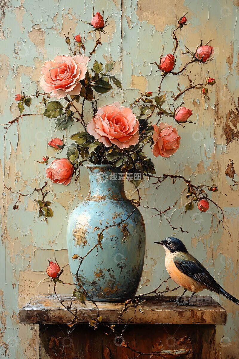 高清大图下载【趣麦麦图】玫瑰蓝色鸟纹花瓶2