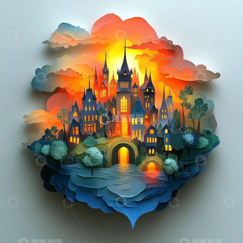 高清大图下载【趣麦麦图】纸艺浮岛建筑