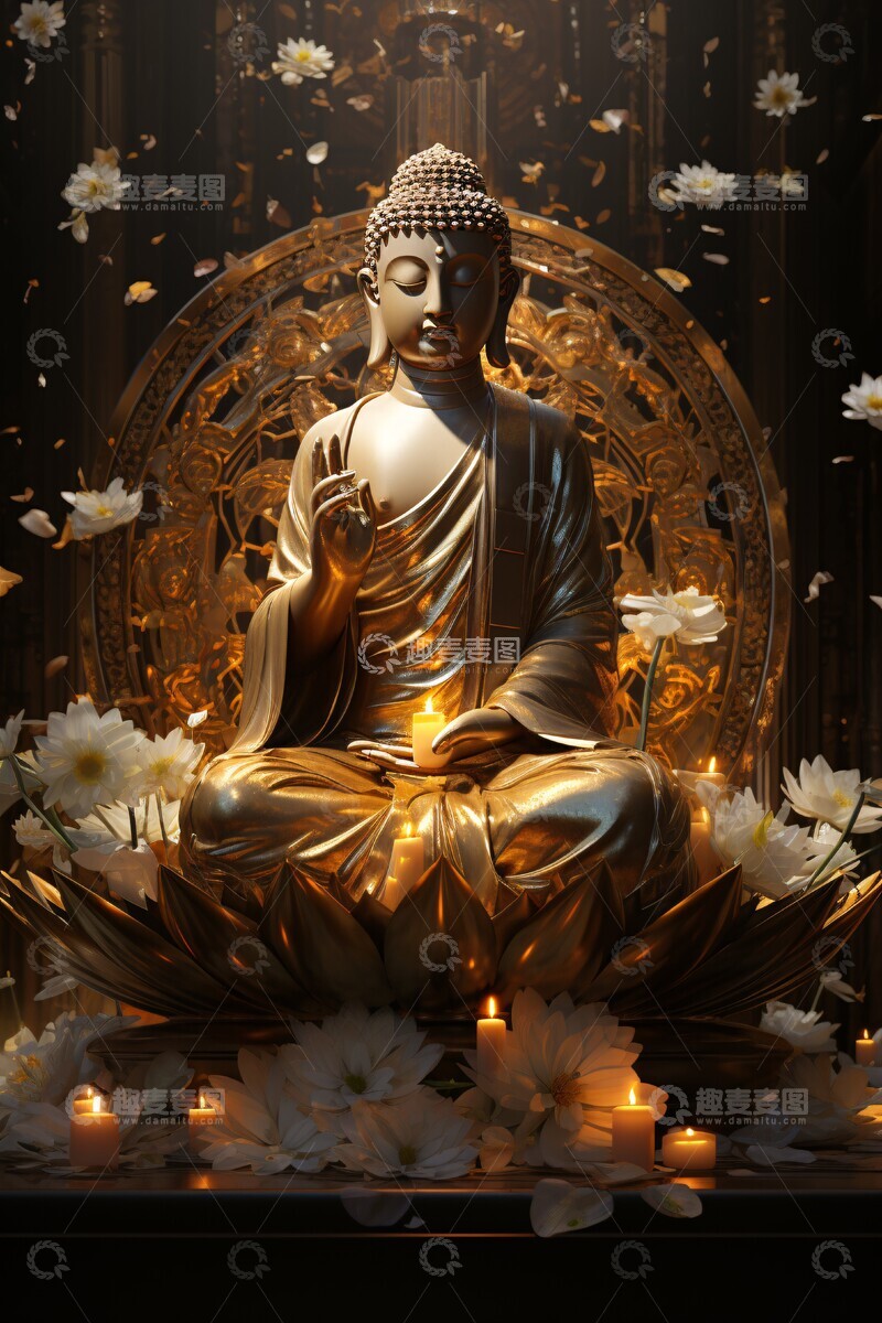 高清大图下载【趣麦麦图】佛像持莲灯佛像莲花金色