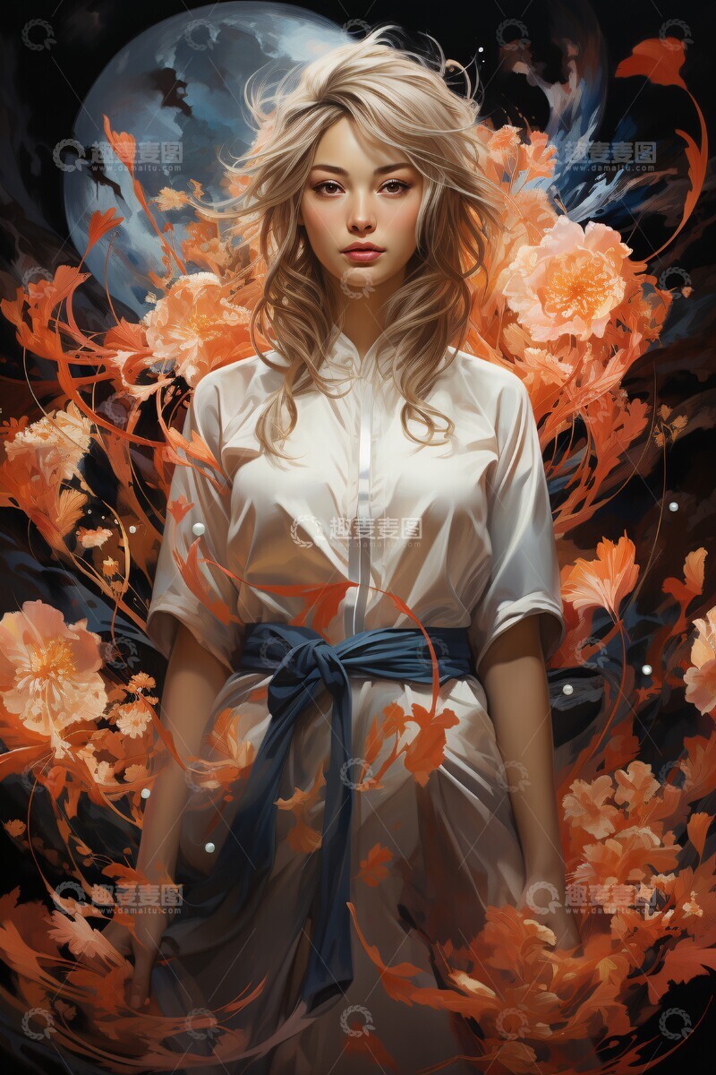 高清大图下载【趣麦麦图】九尾狐舞动花瓣间