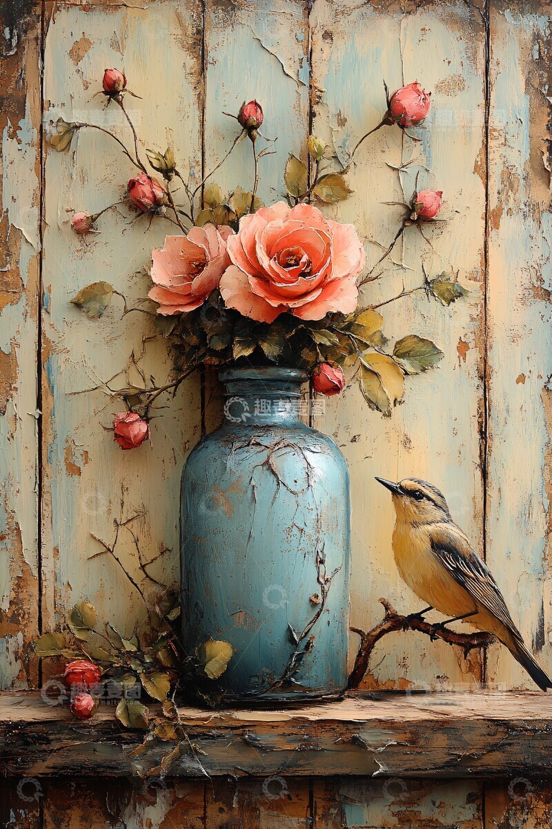 高清大图下载【趣麦麦图】玫瑰蓝色鸟纹花瓶1