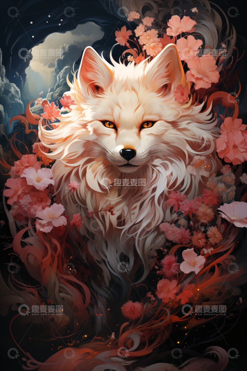 高清大图下载【趣麦麦图】九尾狐舞动花瓣间2