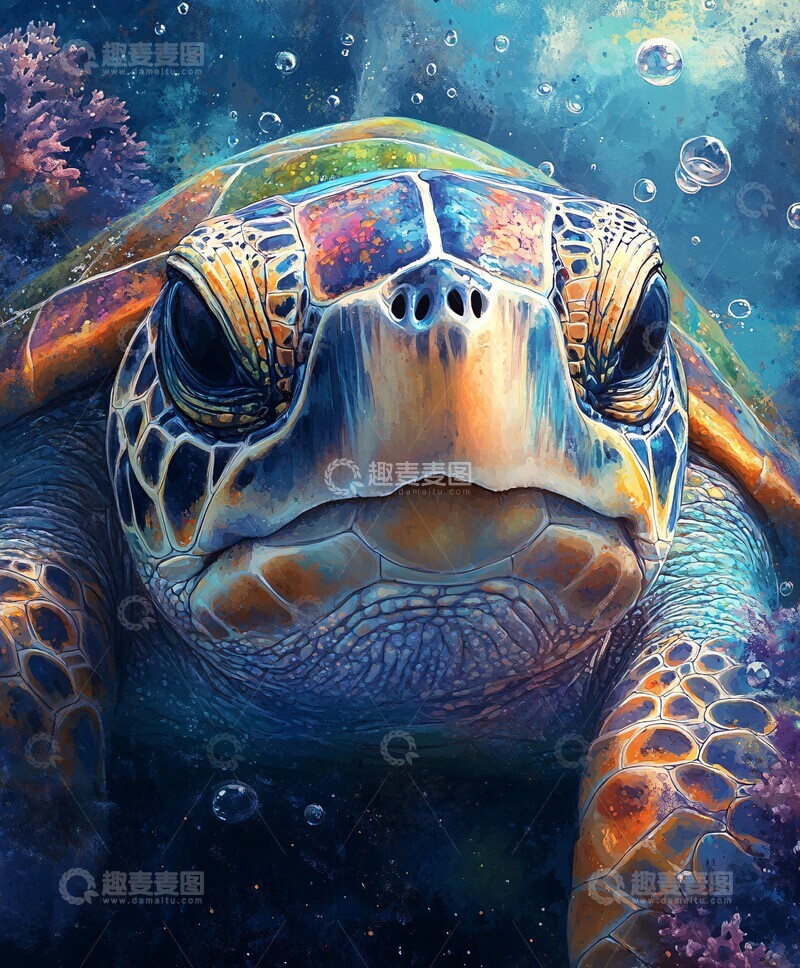 高清大图下载【趣麦麦图】海龟与珊瑚水彩画