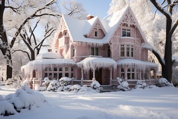 粉色雪中小屋