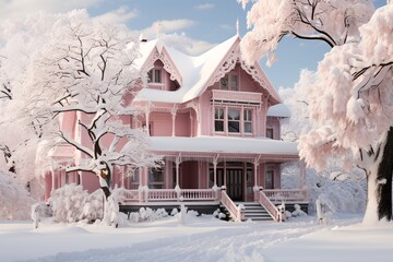 粉色雪中小屋1