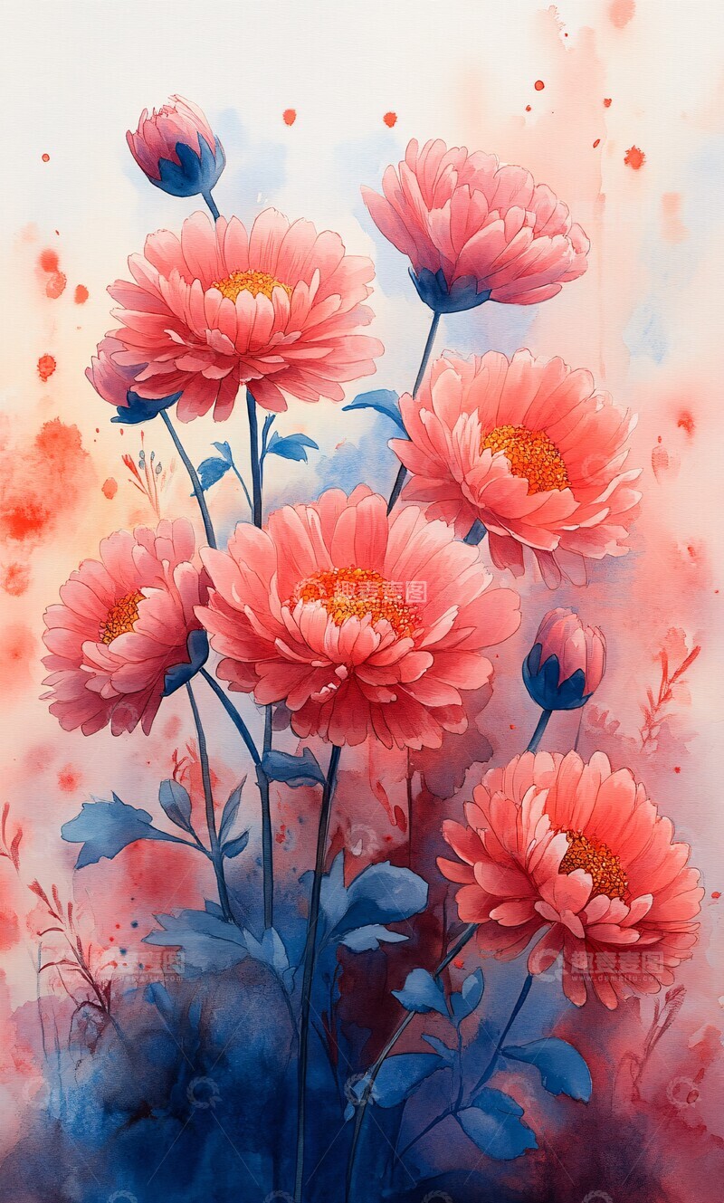 高清大图下载【趣麦麦图】水彩菊花阳光下