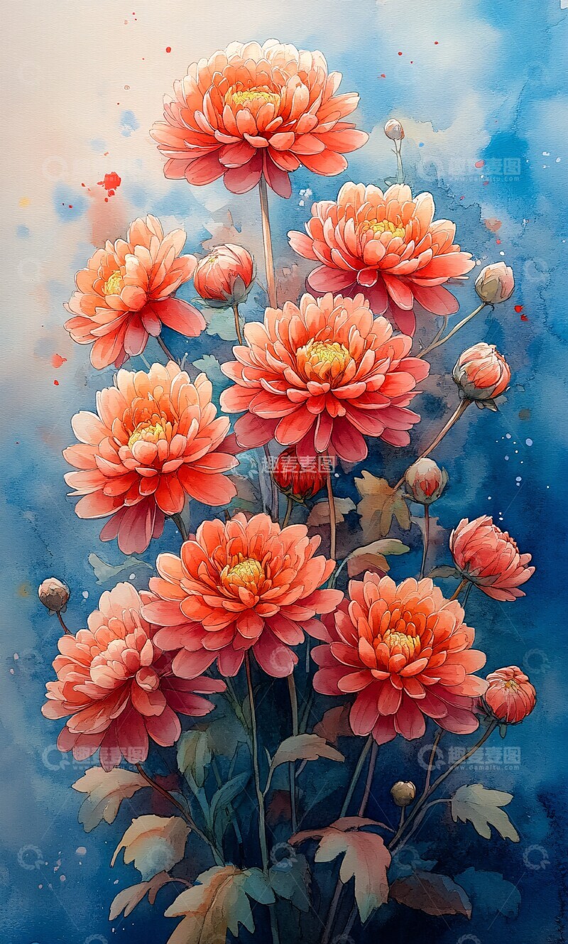 高清大图下载【趣麦麦图】水彩菊花阳光下1