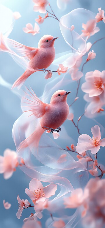 蓝粉白飘带小鸟